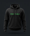 FREE FABLE black pullover hoodie with terminal-green print — product-only ghost-mannequin shot