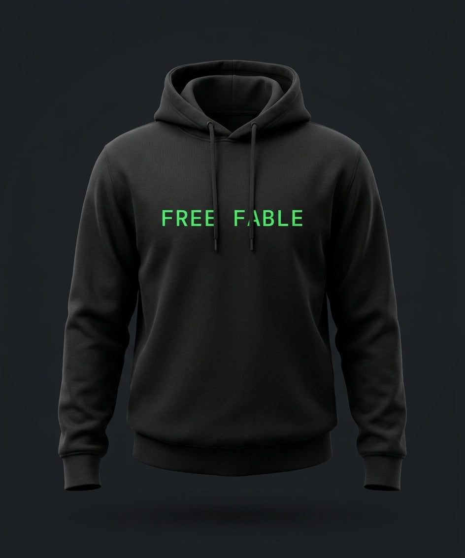 FREE FABLE black pullover hoodie with terminal-green print — product-only ghost-mannequin shot