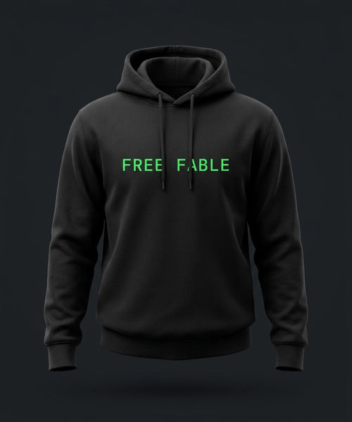 FREE FABLE black pullover hoodie with terminal-green print — product-only ghost-mannequin shot